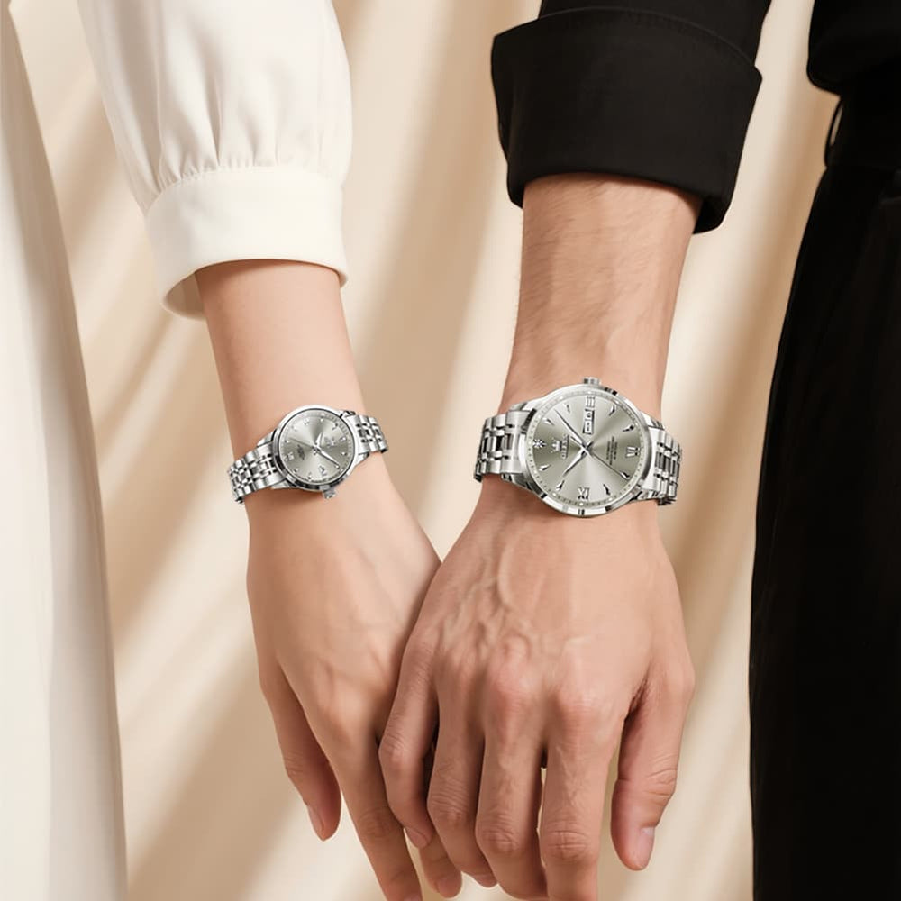 OLEVS Couple Watches Diamond Dial Automatic Mechanical Watch 9956 Steel Band for His and Hers - All Black Watch