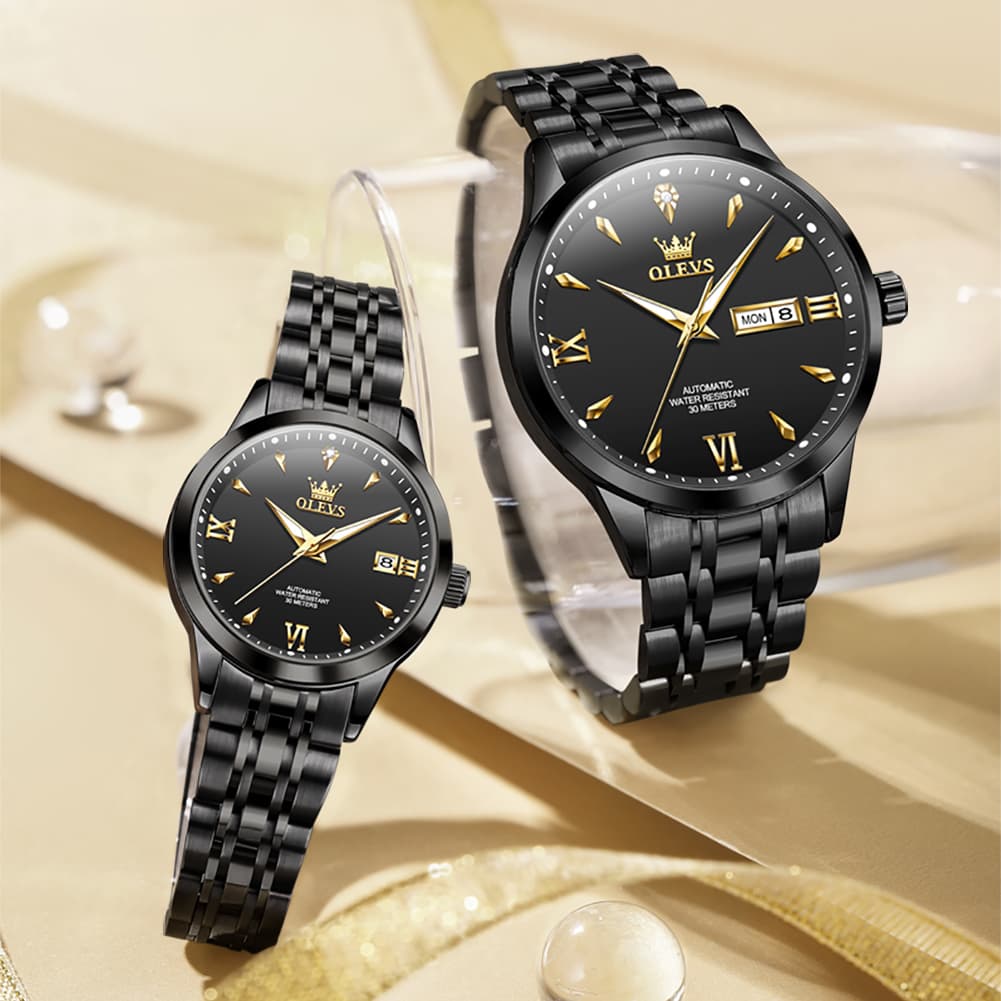 OLEVS Couple Watches Diamond Dial Automatic Mechanical Watch 9956 Steel Band for His and Hers - All Black Watch