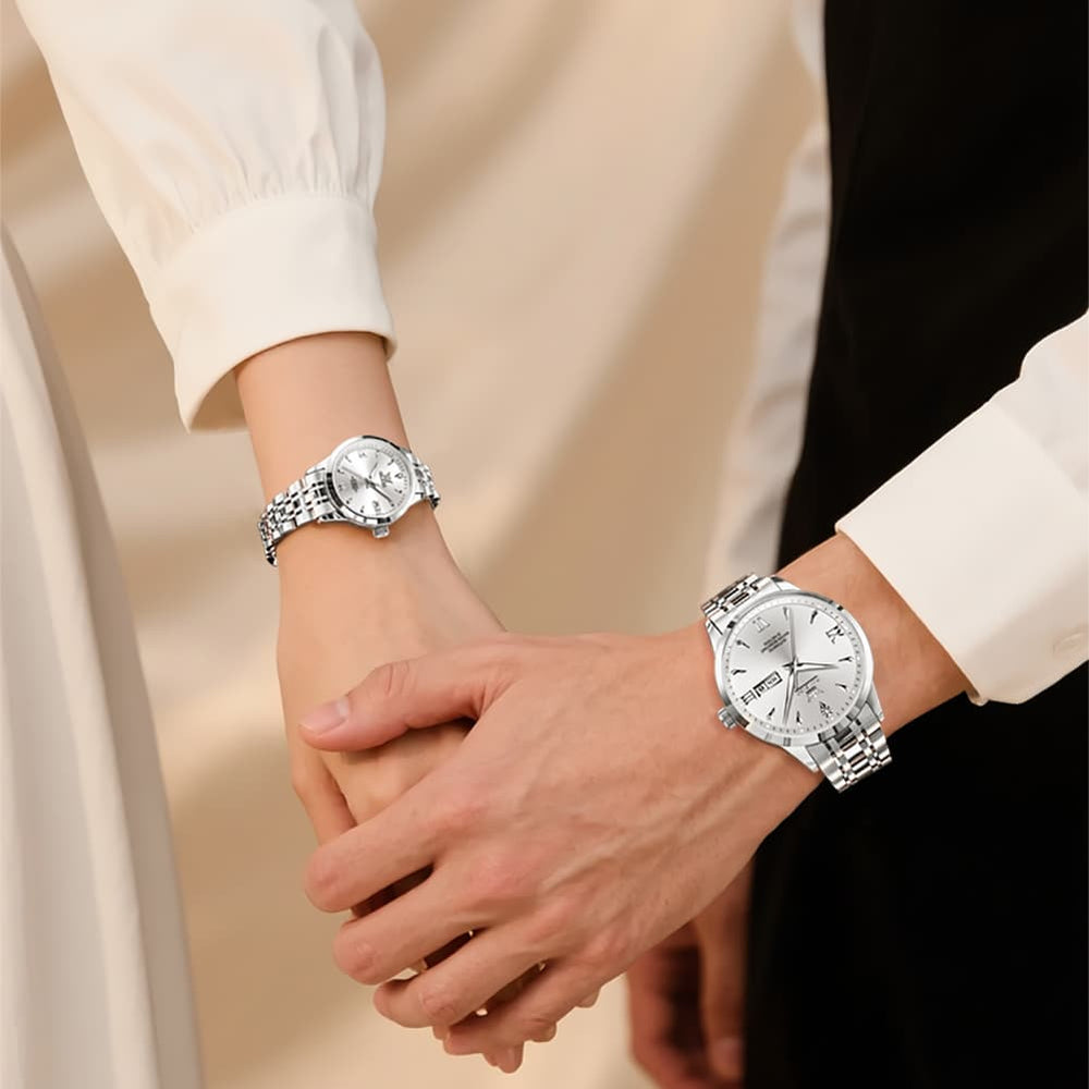 OLEVS Couple Watches Diamond Dial Automatic Mechanical Watch 9956 Steel Band for His and Hers - All Black Watch