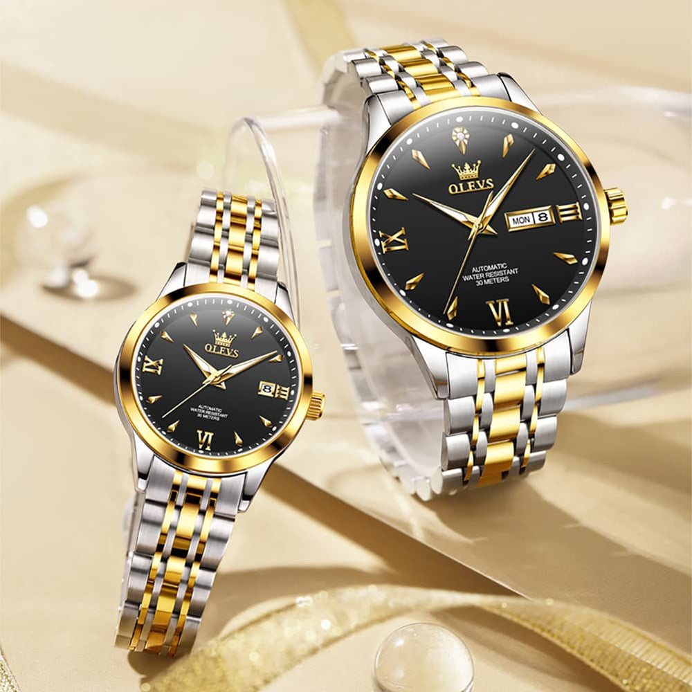 OLEVS Couple Watches Diamond Dial Automatic Mechanical Watch 9956 Steel Band for His and Hers - All Black Watch
