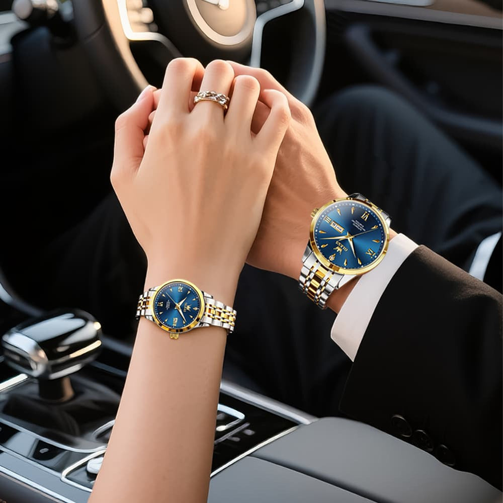 OLEVS Couple Watches Diamond Dial Automatic Mechanical Watch 9956 Steel Band for His and Hers - All Black Watch