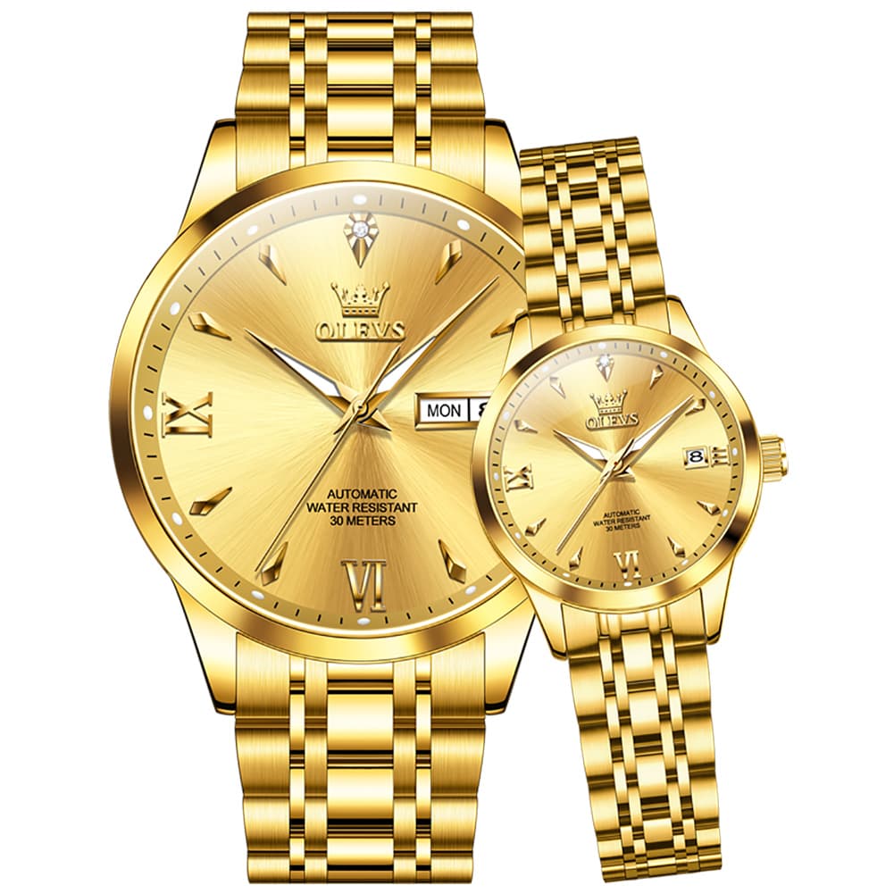 OLEVS Couple Watches Diamond Dial Automatic Mechanical Watch 9956 Steel Band for His and Hers - All Gold Watch