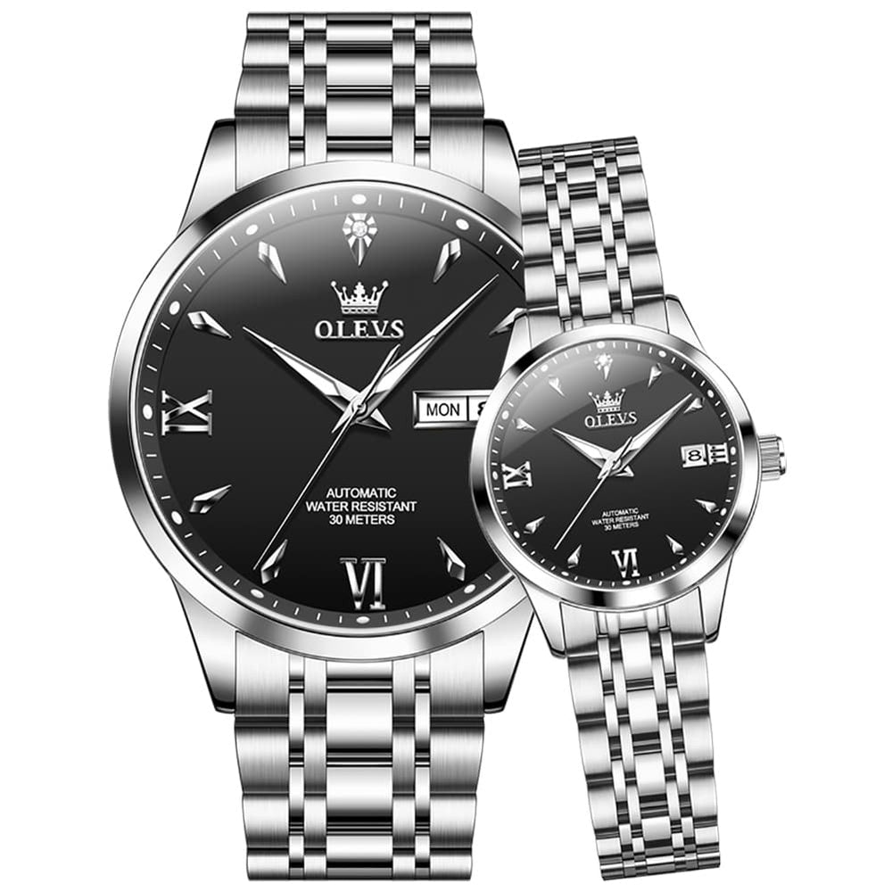 OLEVS Couple Watches Diamond Dial Automatic Mechanical Watch 9956 Steel Band for His and Hers - Silver Black Watch