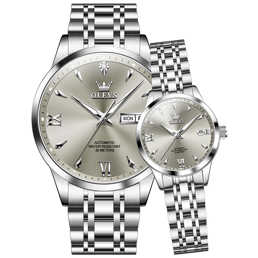 OLEVS Couple Watches Diamond Dial Automatic Mechanical Watch 9956 Steel Band for His and Hers - Silver Grey Watch