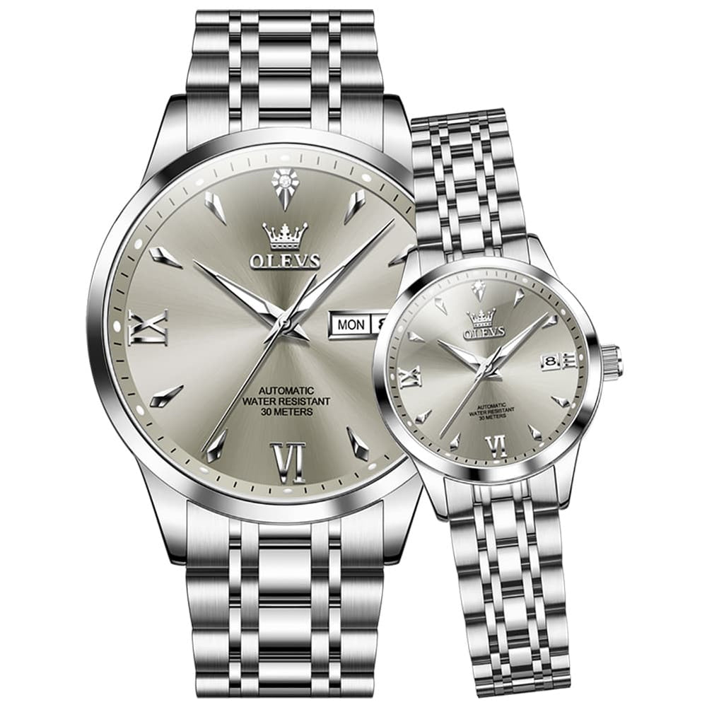 OLEVS Couple Watches Diamond Dial Automatic Mechanical Watch 9956 Steel Band for His and Hers - Silver Grey Watch