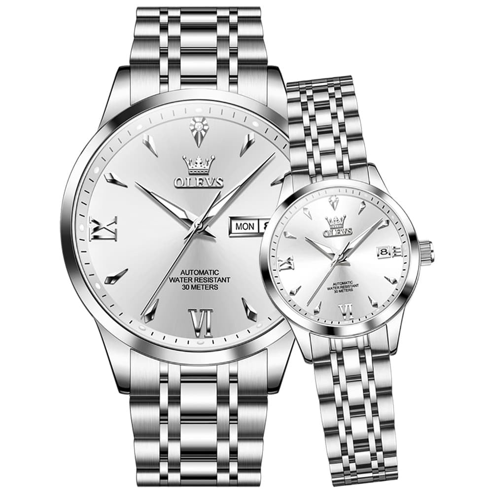 OLEVS Couple Watches Diamond Dial Automatic Mechanical Watch 9956 Steel Band for His and Hers - Silver White Watch