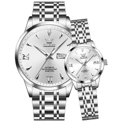 OLEVS Couple Watches Diamond Dial Automatic Mechanical Watch 9956 Steel Band for His and Hers - Silver White Watch