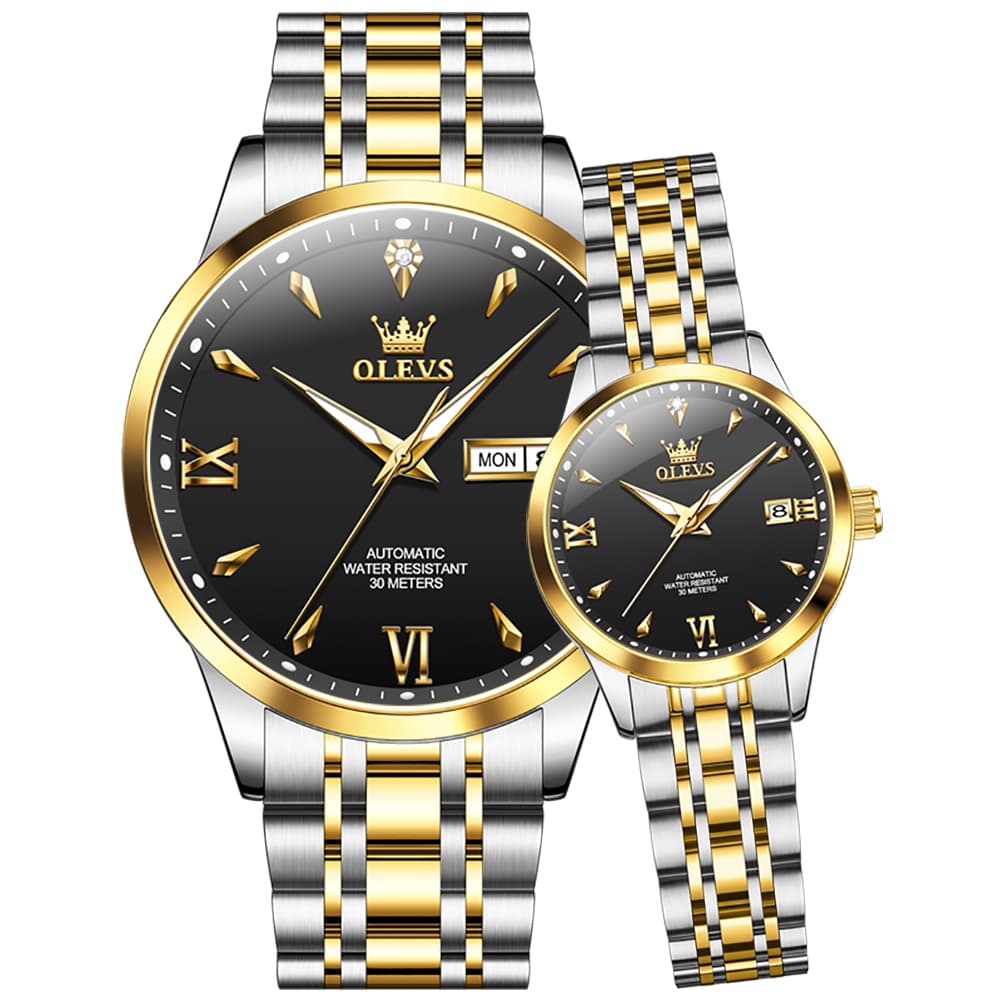 OLEVS Couple Watches Diamond Dial Automatic Mechanical Watch 9956 Steel Band for His and Hers - Two Tone Black Watch