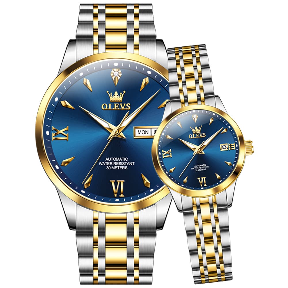 OLEVS Couple Watches Diamond Dial Automatic Mechanical Watch 9956 Steel Band for His and Hers - Two Tone Blue Watch