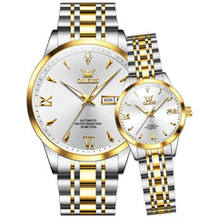 OLEVS Couple Watches Diamond Dial Automatic Mechanical Watch 9956 Steel Band for His and Hers - Two Tone White Watch