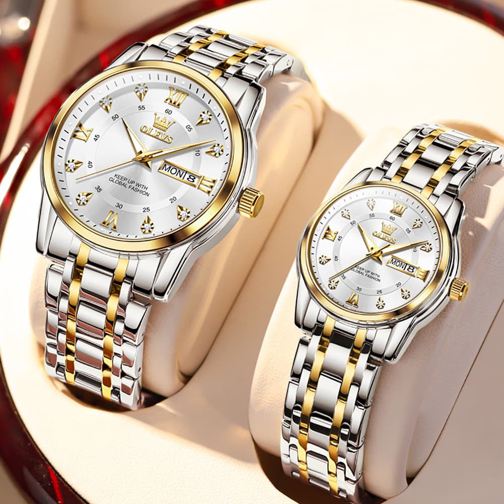 OLEVS Couple Watches Diamond Dial Day Date Quartz Watch 5513 Steel Band for His and Hers - Olevs Watch Store