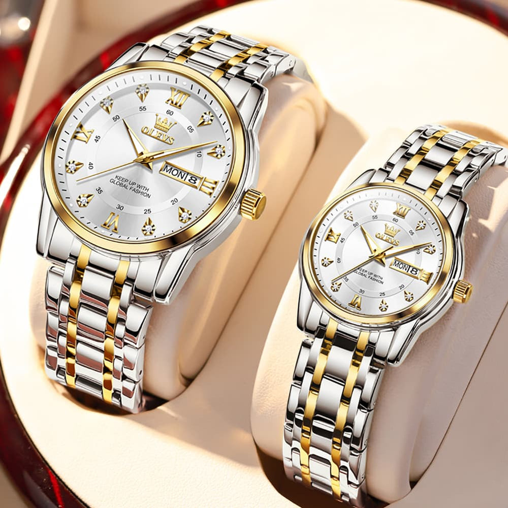 OLEVS Couple Watches Diamond Dial Day Date Quartz Watch 5513 Steel Band for His and Hers - Olevs Watch Store