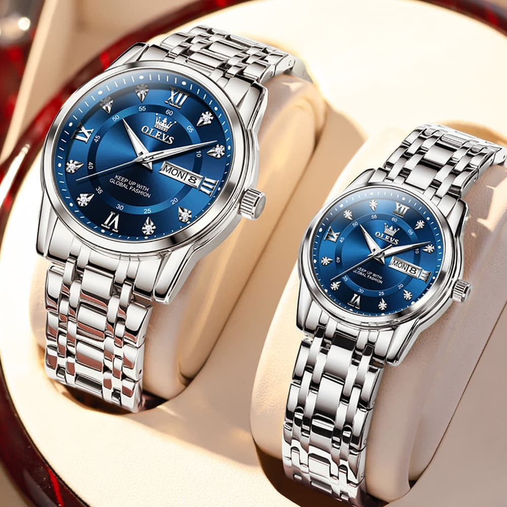 OLEVS Couple Watches Diamond Dial Day Date Quartz Watch 5513 Steel Band for His and Hers - Olevs Watch Store