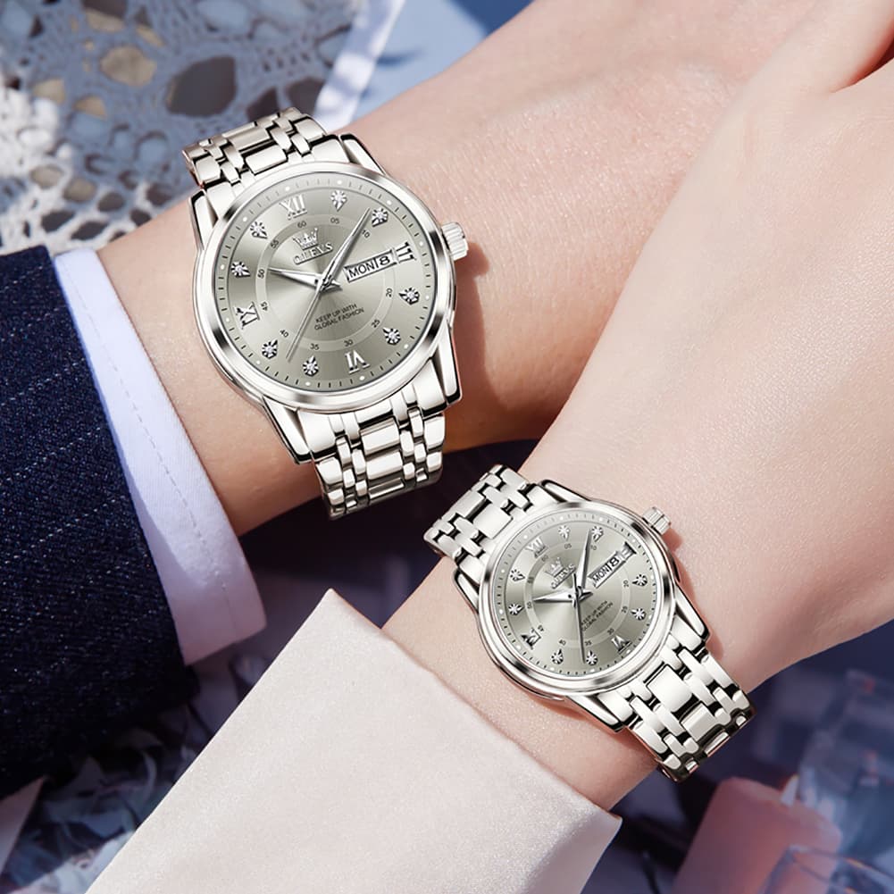 OLEVS Couple Watches Diamond Dial Day Date Quartz Watch 5513 Steel Band for His and Hers - Olevs Watch Store