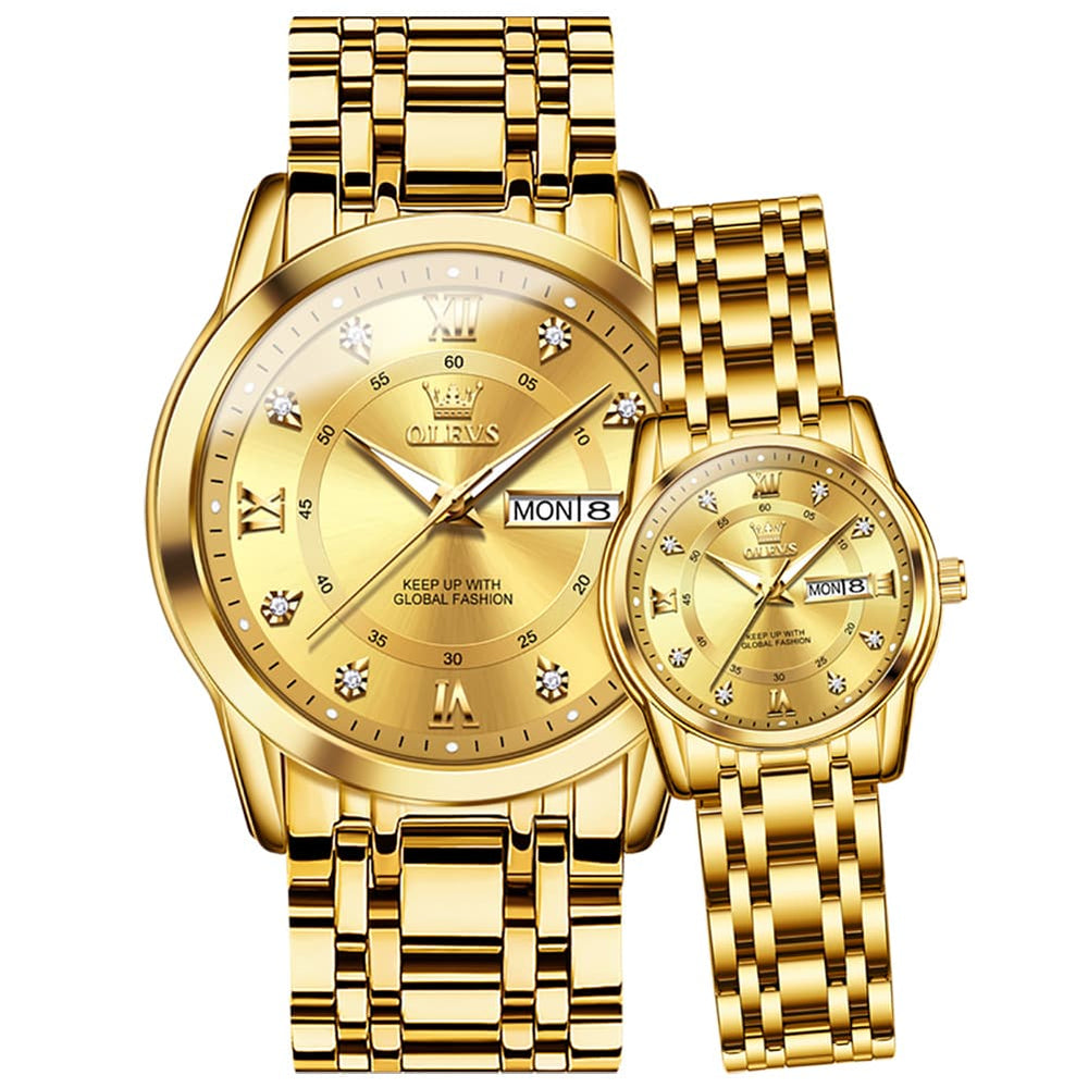 OLEVS Couple Watches Diamond Dial Day Date Quartz Watch 5513 Steel Band for His and Hers - Olevs Watch Store