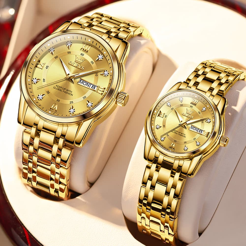 OLEVS Couple Watches Diamond Dial Day Date Quartz Watch 5513 Steel Band for His and Hers - Olevs Watch Store