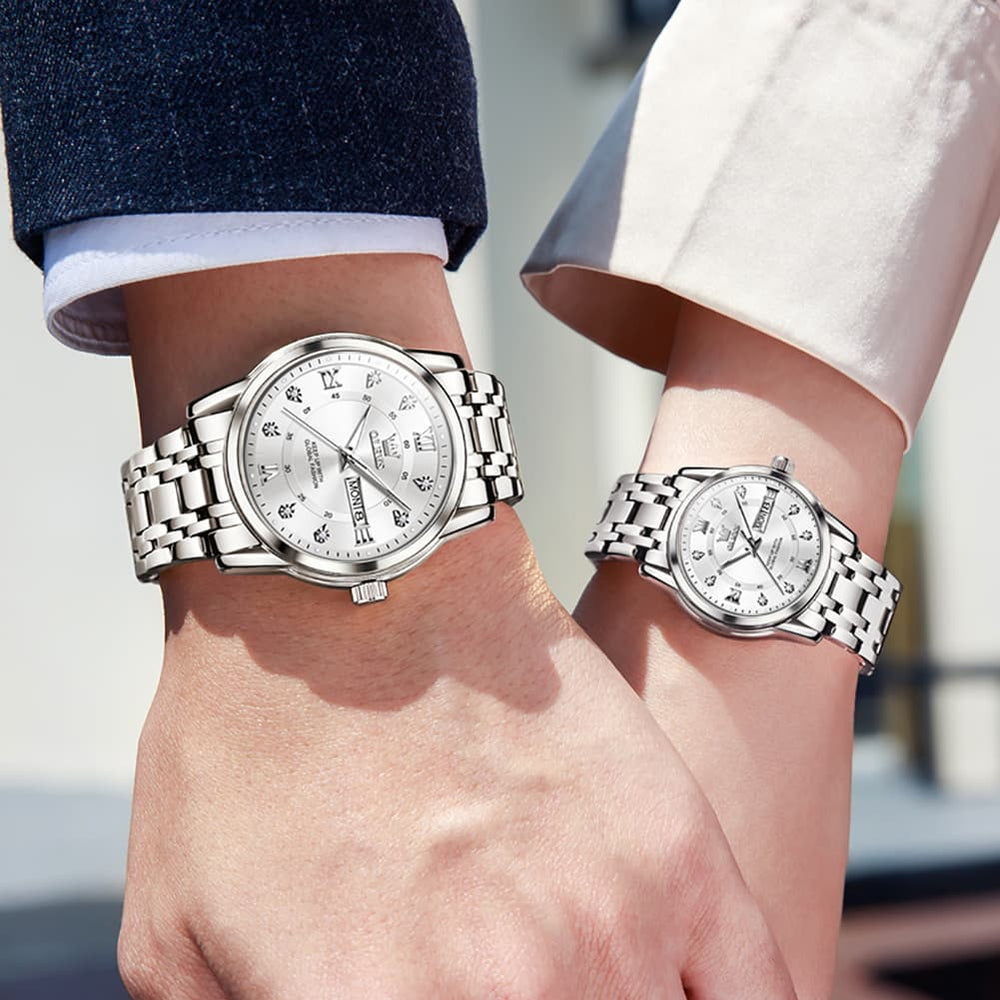 OLEVS Couple Watches Diamond Dial Day Date Quartz Watch 5513 Steel Band for His and Hers - Olevs Watch Store