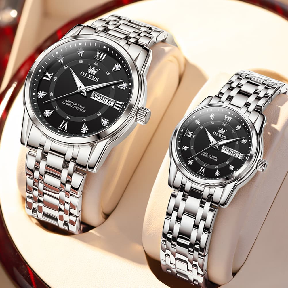 OLEVS Couple Watches Diamond Dial Day Date Quartz Watch 5513 Steel Band for His and Hers - Olevs Watch Store