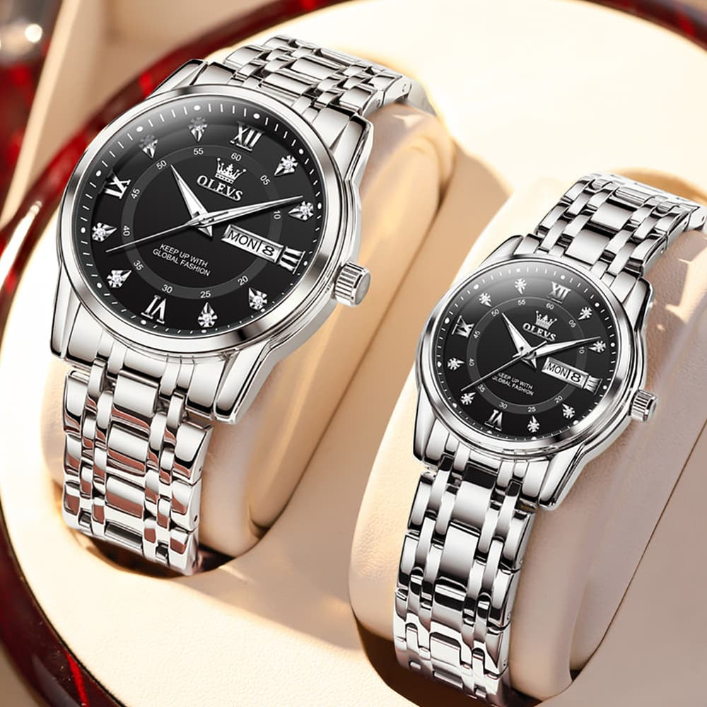 OLEVS Couple Watches Diamond Dial Day Date Quartz Watch 5513 Steel Band for His and Hers - Olevs Watch Store
