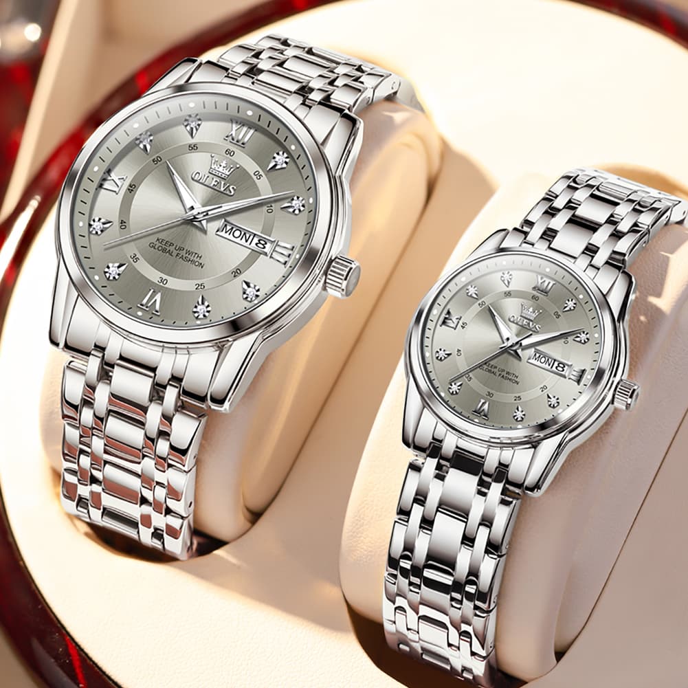 OLEVS Couple Watches Diamond Dial Day Date Quartz Watch 5513 Steel Band for His and Hers - Olevs Watch Store