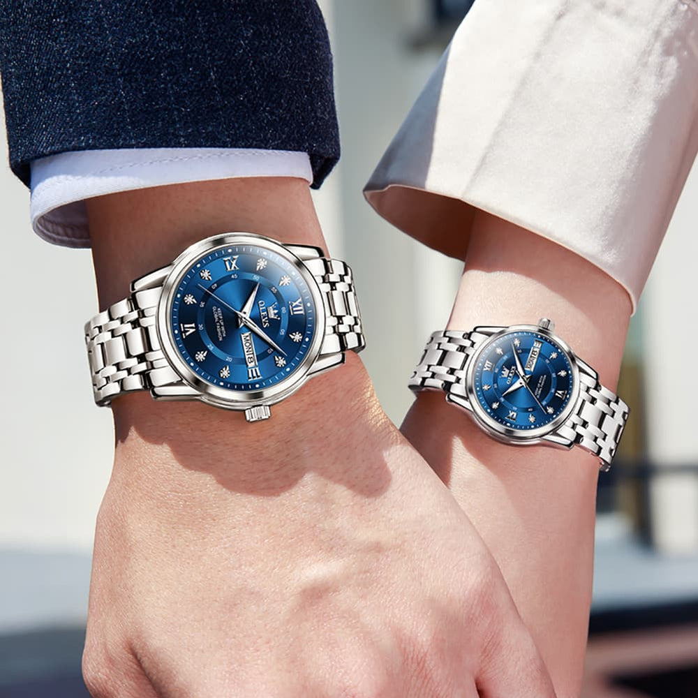 OLEVS Couple Watches Diamond Dial Day Date Quartz Watch 5513 Steel Band for His and Hers - Olevs Watch Store