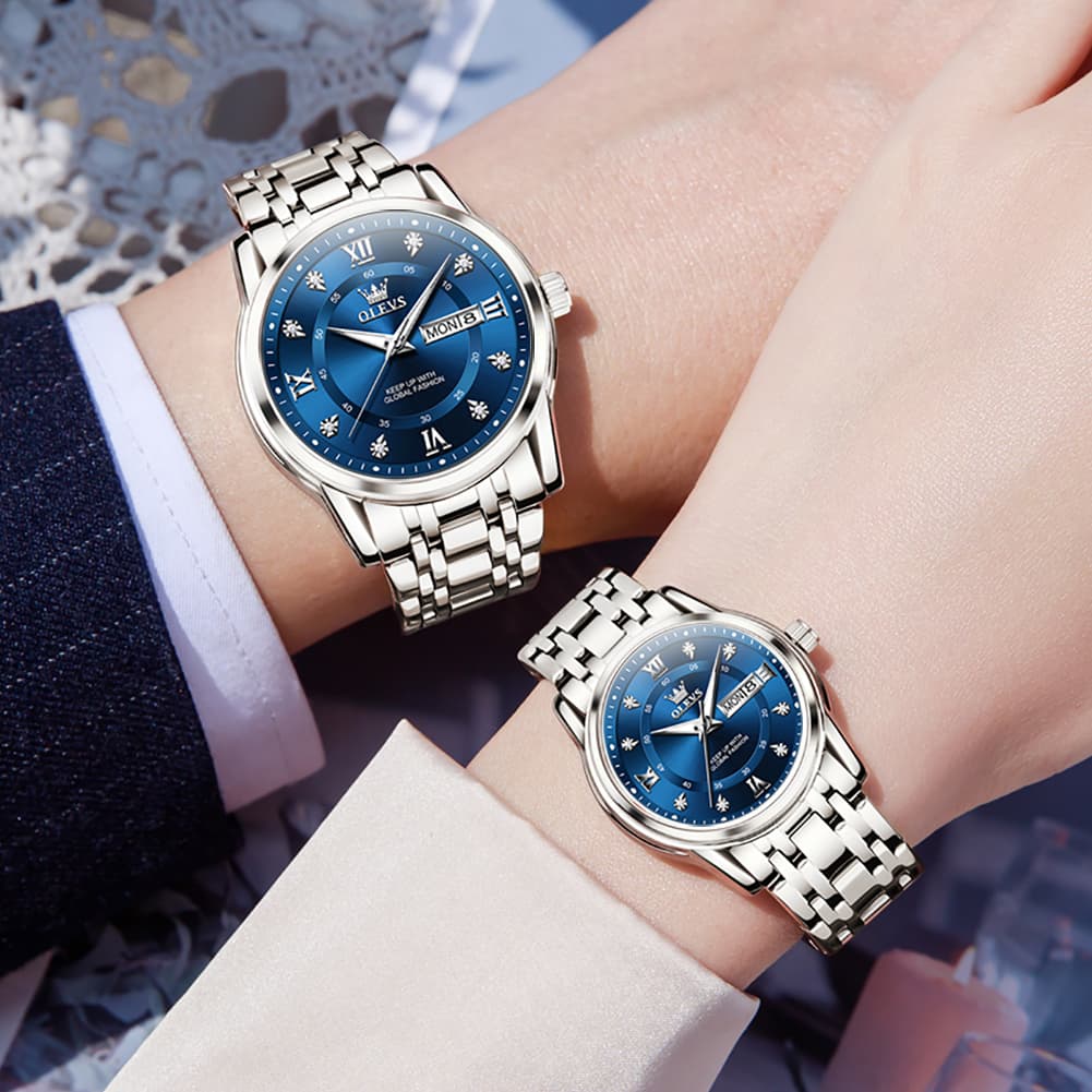 OLEVS Couple Watches Diamond Dial Day Date Quartz Watch 5513 Steel Band for His and Hers - Olevs Watch Store