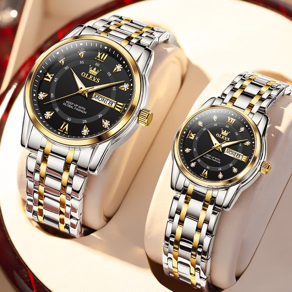 OLEVS Couple Watches Diamond Dial Day Date Quartz Watch 5513 Steel Band for His and Hers - Olevs Watch Store