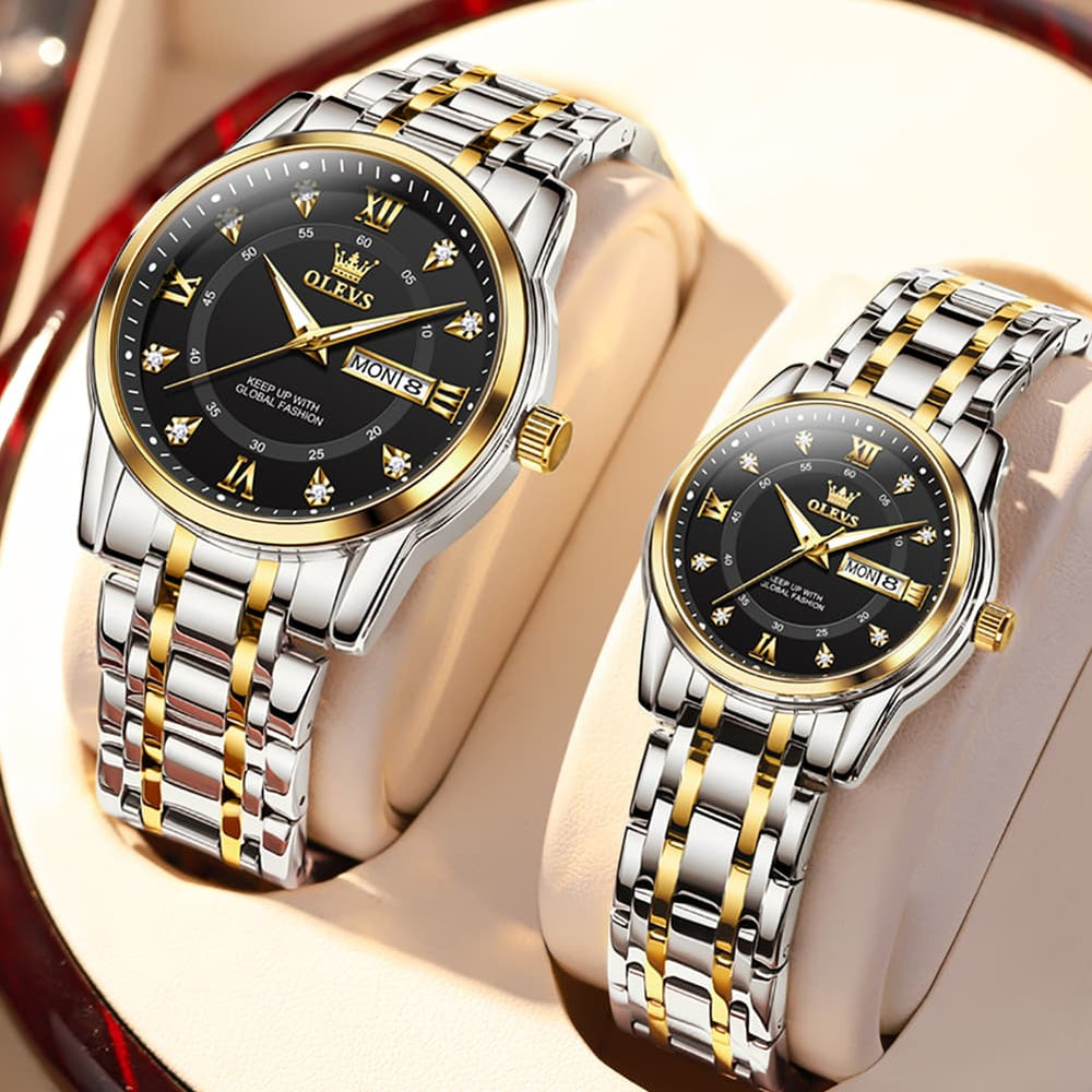 OLEVS Couple Watches Diamond Dial Day Date Quartz Watch 5513 Steel Band for His and Hers - Olevs Watch Store
