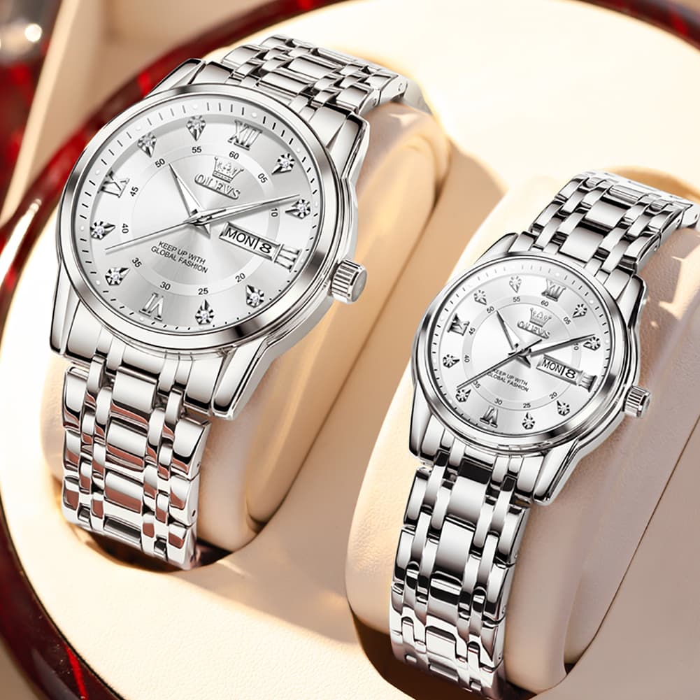 OLEVS Couple Watches Diamond Dial Day Date Quartz Watch 5513 Steel Band for His and Hers - Olevs Watch Store