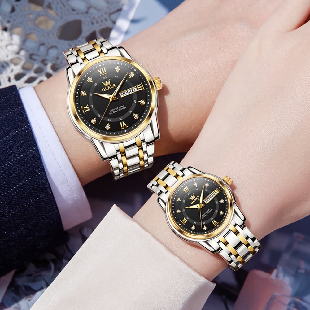 OLEVS Couple Watches Diamond Dial Day Date Quartz Watch 5513 Steel Band for His and Hers - Olevs Watch Store