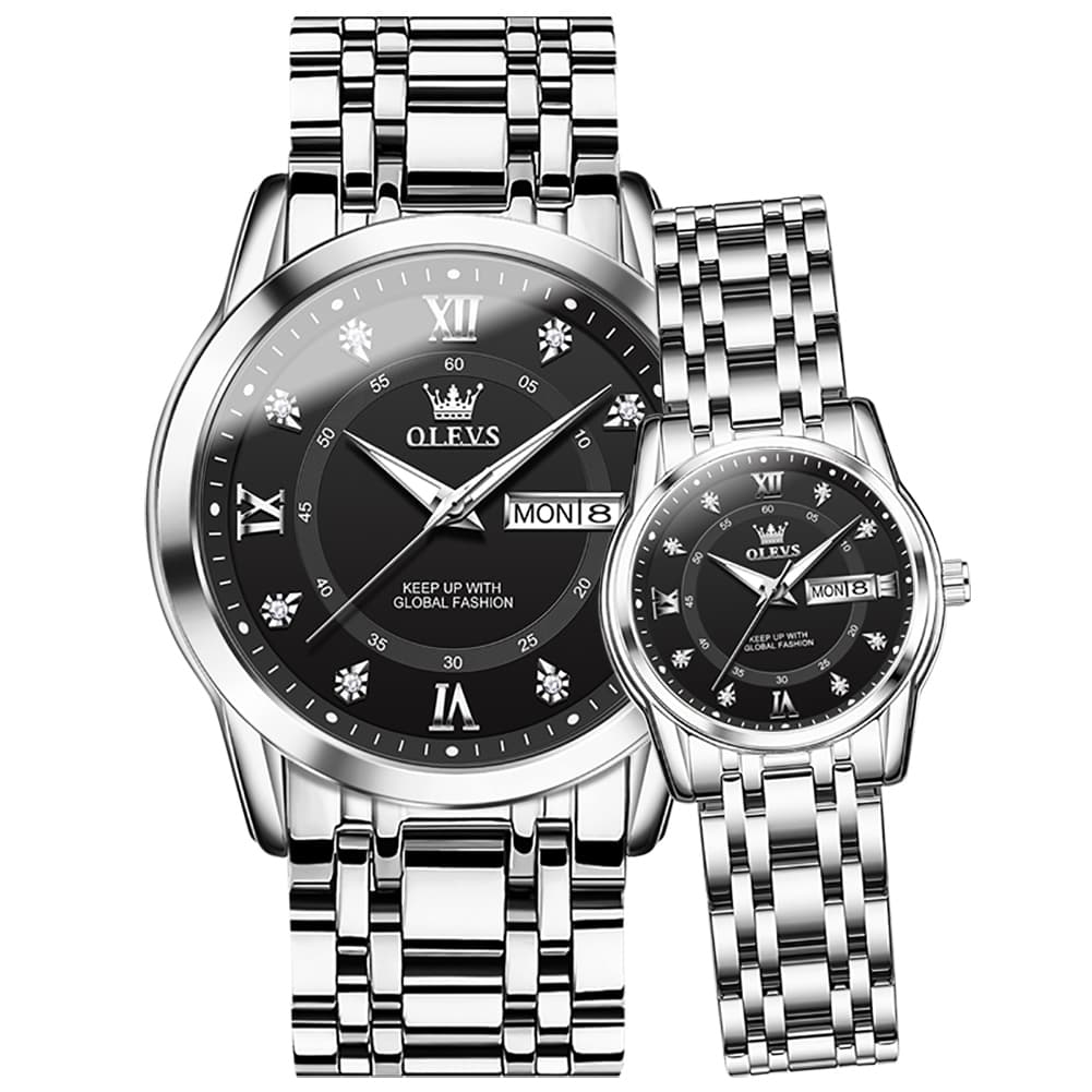 OLEVS Couple Watches Diamond Dial Day Date Quartz Watch 5513 Steel Band for His and Hers - Olevs Watch Store
