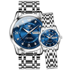 OLEVS Couple Watches Diamond Dial Day Date Quartz Watch 5513 Steel Band for His and Hers - Olevs Watch Store