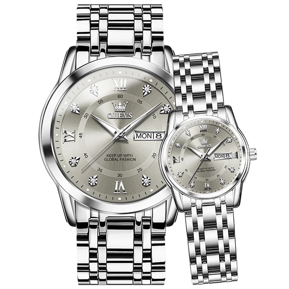 OLEVS Couple Watches Diamond Dial Day Date Quartz Watch 5513 Steel Band for His and Hers - Olevs Watch Store