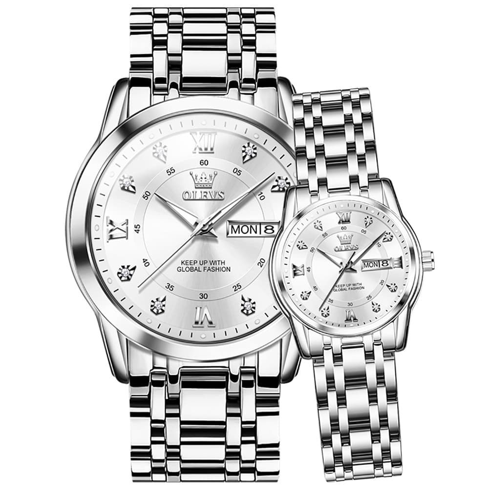 OLEVS Couple Watches Diamond Dial Day Date Quartz Watch 5513 Steel Band for His and Hers - Olevs Watch Store