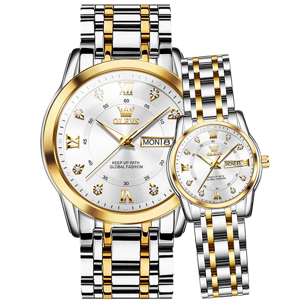 OLEVS Couple Watches Diamond Dial Day Date Quartz Watch 5513 Steel Band for His and Hers - Olevs Watch Store