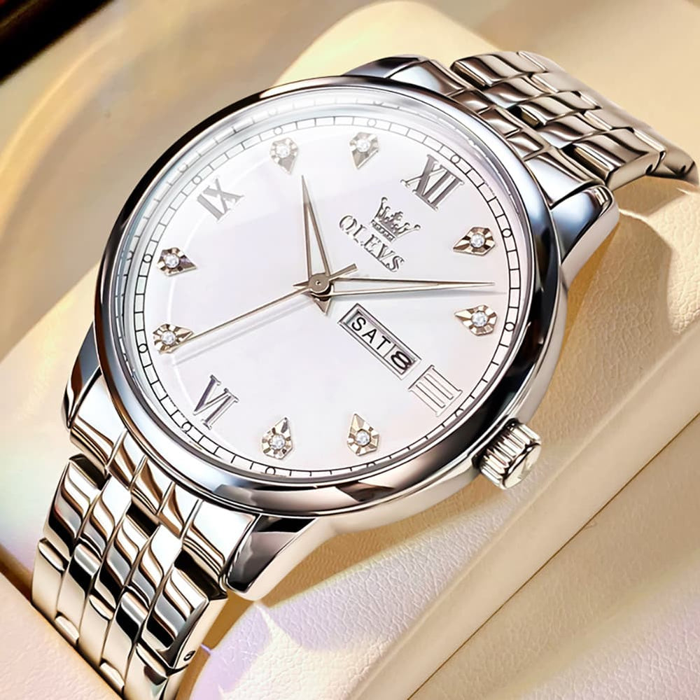 OLEVS Couple Watches Diamond Dial Day Date Quartz Watch 5525 Steel Band for His and Hers - Olevs Watch Store