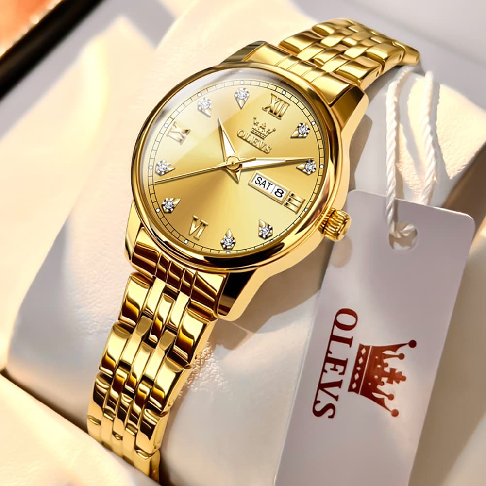 OLEVS Couple Watches Diamond Dial Day Date Quartz Watch 5525 Steel Band for His and Hers - Olevs Watch Store
