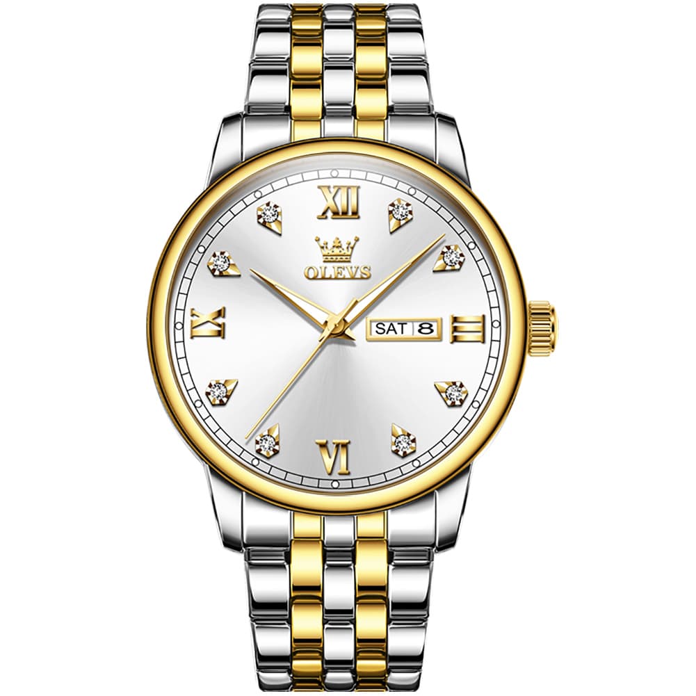 OLEVS Couple Watches Diamond Dial Day Date Quartz Watch 5525 Steel Band for His and Hers - Olevs Watch Store