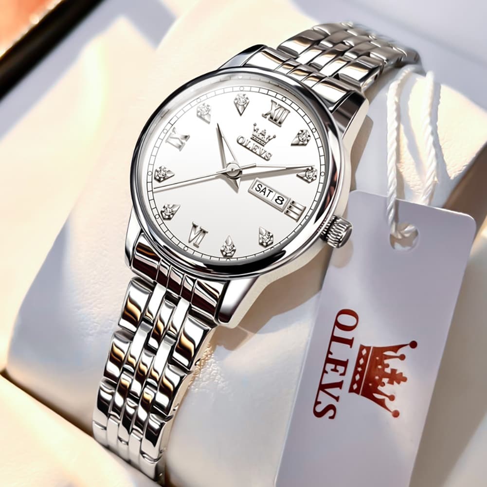 OLEVS Couple Watches Diamond Dial Day Date Quartz Watch 5525 Steel Band for His and Hers - Olevs Watch Store