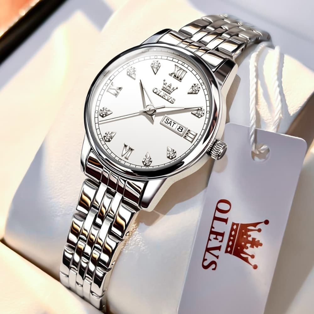 OLEVS Couple Watches Diamond Dial Day Date Quartz Watch 5525 Steel Band for His and Hers - Olevs Watch Store