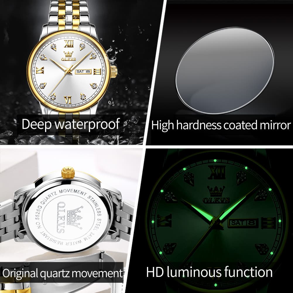 OLEVS Couple Watches Diamond Dial Day Date Quartz Watch 5525 Steel Band for His and Hers - Olevs Watch Store