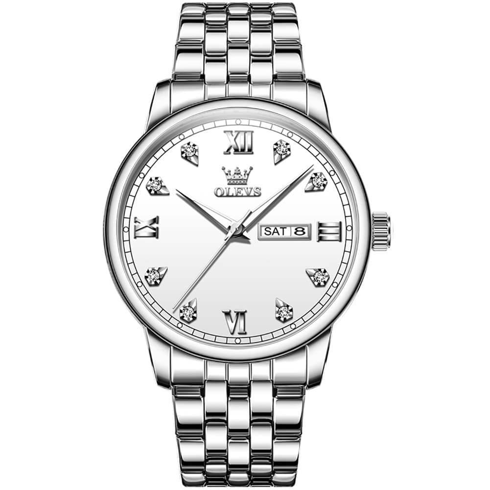 OLEVS Couple Watches Diamond Dial Day Date Quartz Watch 5525 Steel Band for His and Hers - Olevs Watch Store