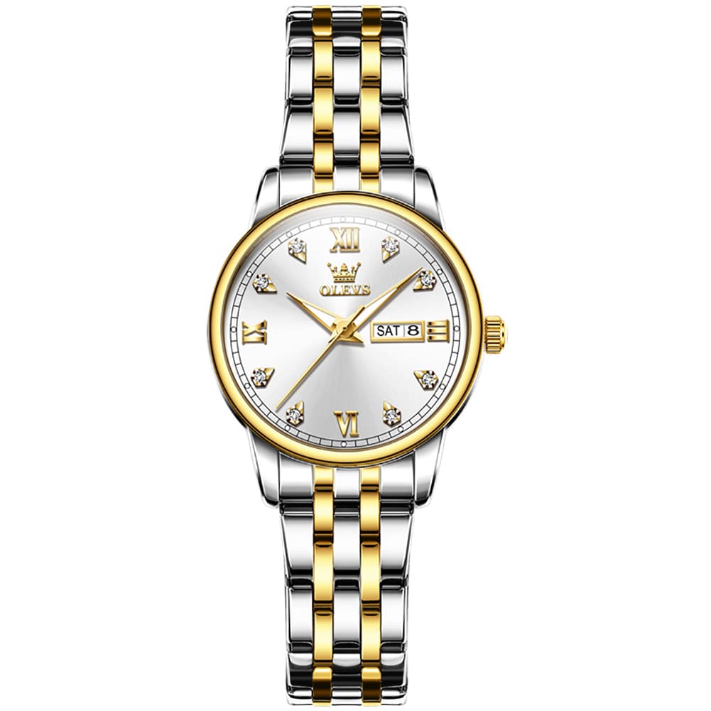 OLEVS Couple Watches Diamond Dial Day Date Quartz Watch 5525 Steel Band for His and Hers - Olevs Watch Store