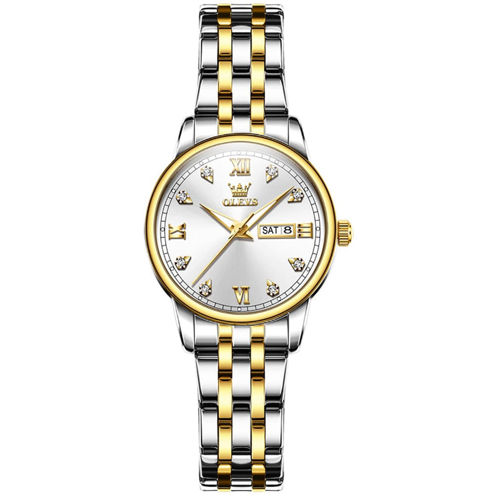 OLEVS Couple Watches Diamond Dial Day Date Quartz Watch 5525 Steel Band for His and Hers - Olevs Watch Store