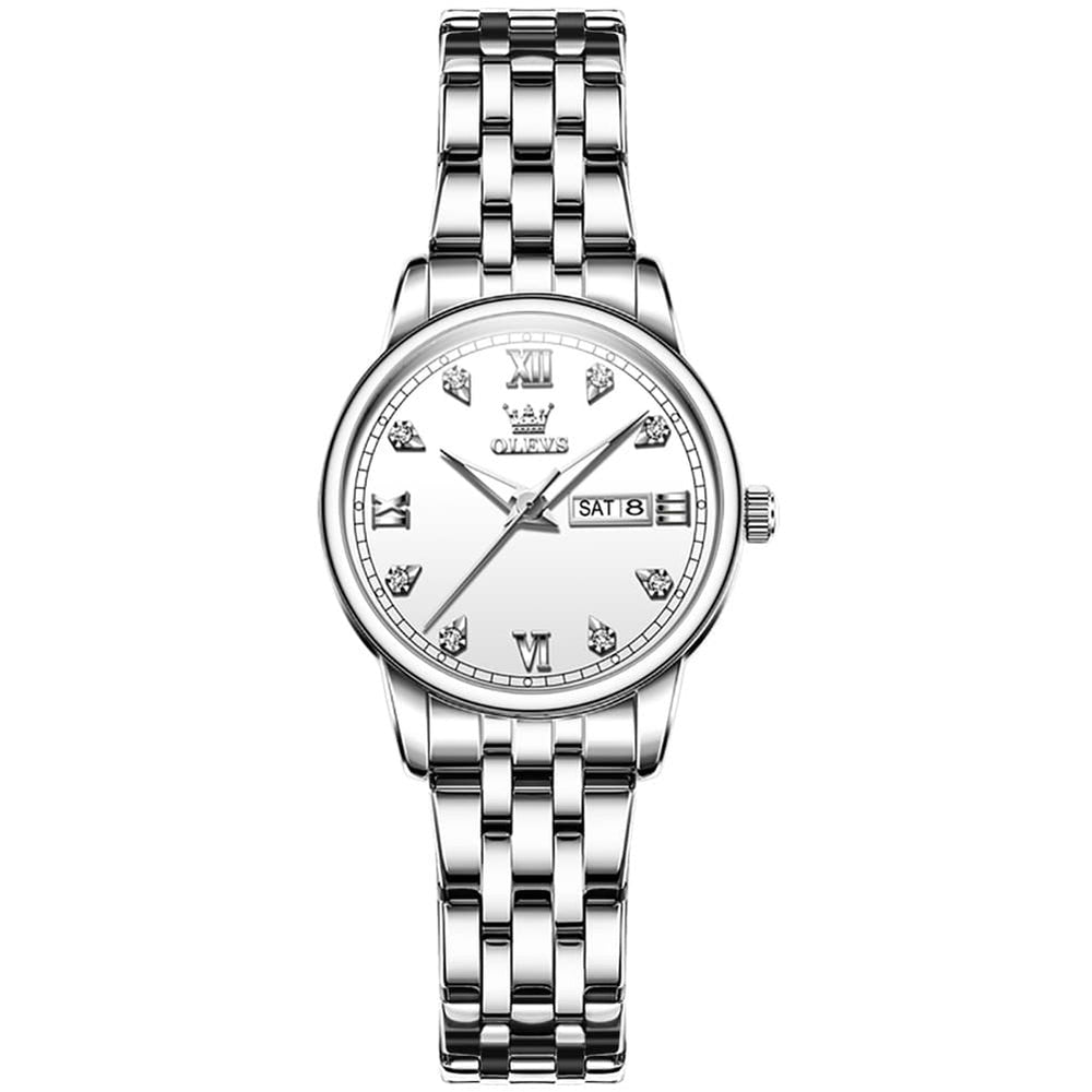 OLEVS Couple Watches Diamond Dial Day Date Quartz Watch 5525 Steel Band for His and Hers - Olevs Watch Store