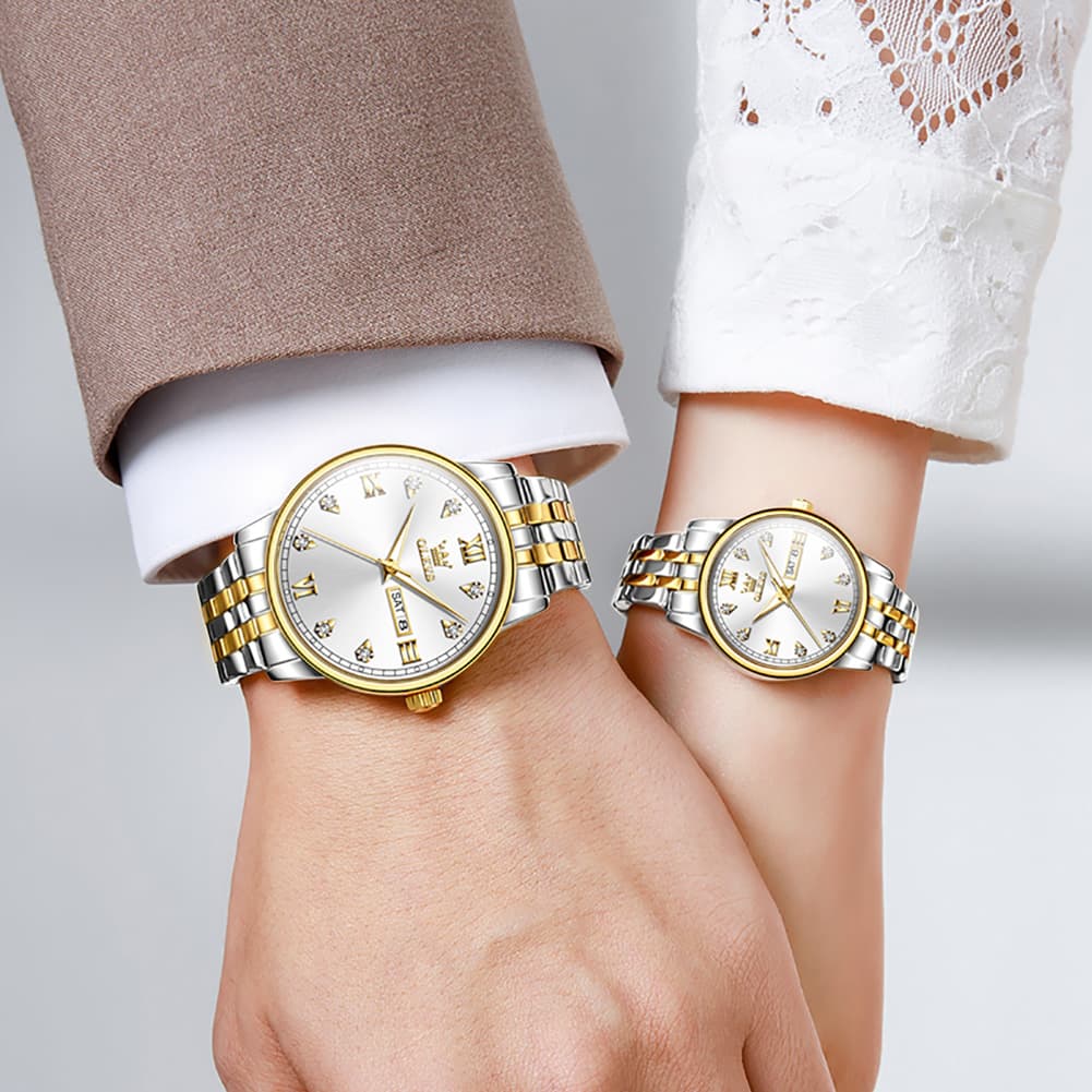 OLEVS Couple Watches Diamond Dial Day Date Quartz Watch 5525 Steel Band for His and Hers - Olevs Watch Store