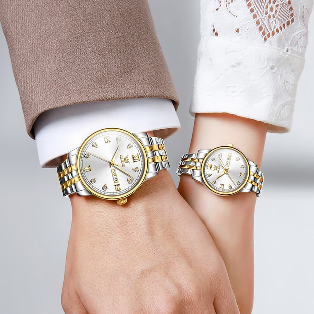 OLEVS Couple Watches Diamond Dial Day Date Quartz Watch 5525 Steel Band for His and Hers - Olevs Watch Store