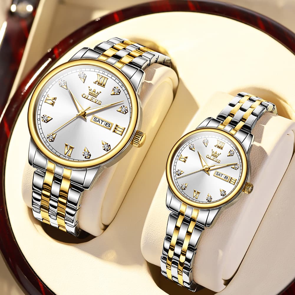 OLEVS Couple Watches Diamond Dial Day Date Quartz Watch 5525 Steel Band for His and Hers - Olevs Watch Store