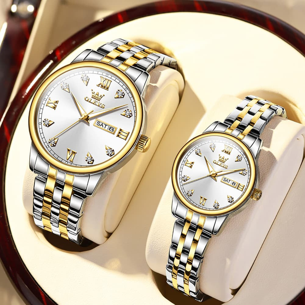 OLEVS Couple Watches Diamond Dial Day Date Quartz Watch 5525 Steel Band for His and Hers - Olevs Watch Store
