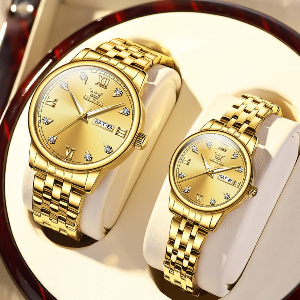 OLEVS Couple Watches Diamond Dial Day Date Quartz Watch 5525 Steel Band for His and Hers - Olevs Watch Store
